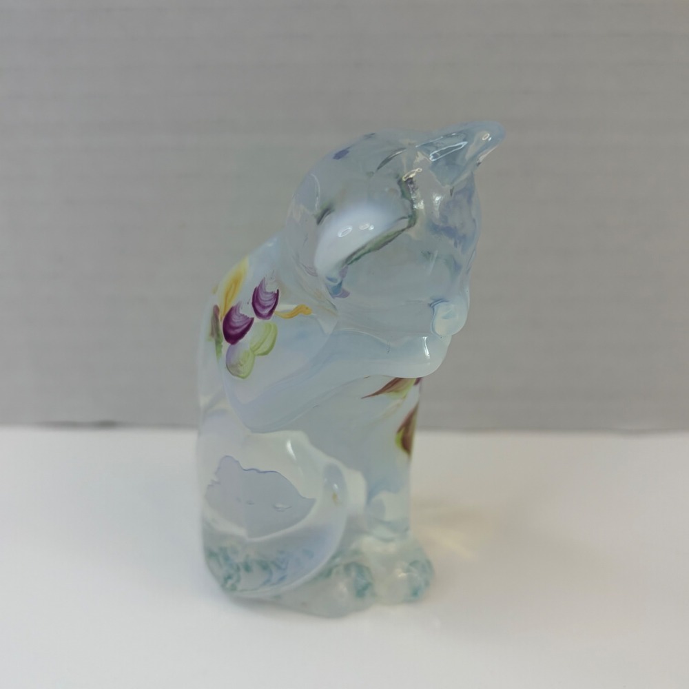 Fenton Hand Painted Opalescent Satin Glass Cat Figurine T Geller Signed 3.75"